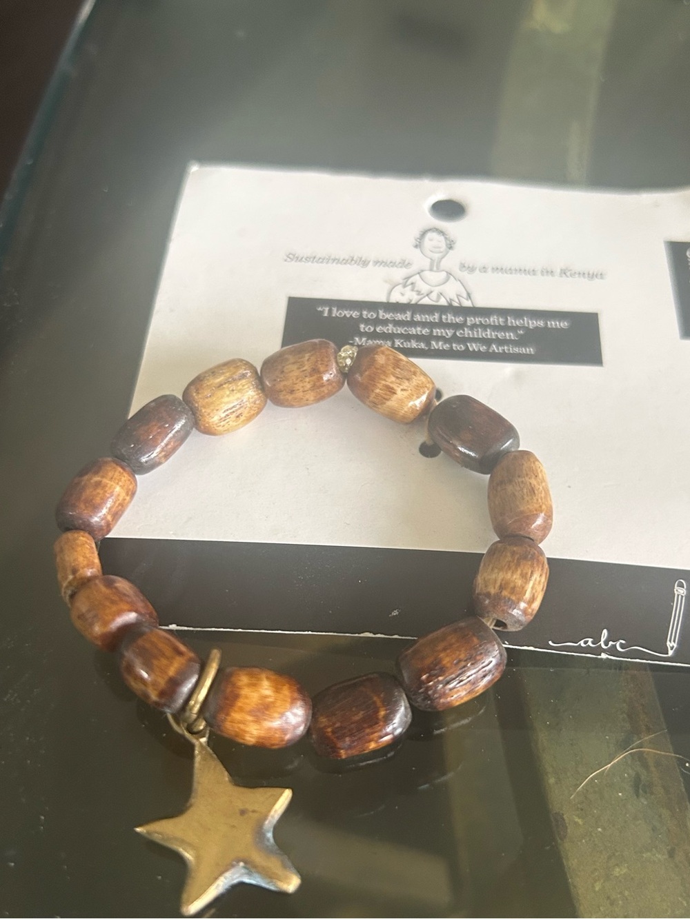 Me to We Brown Wooden Bead Bracelet with Gold Star Charm